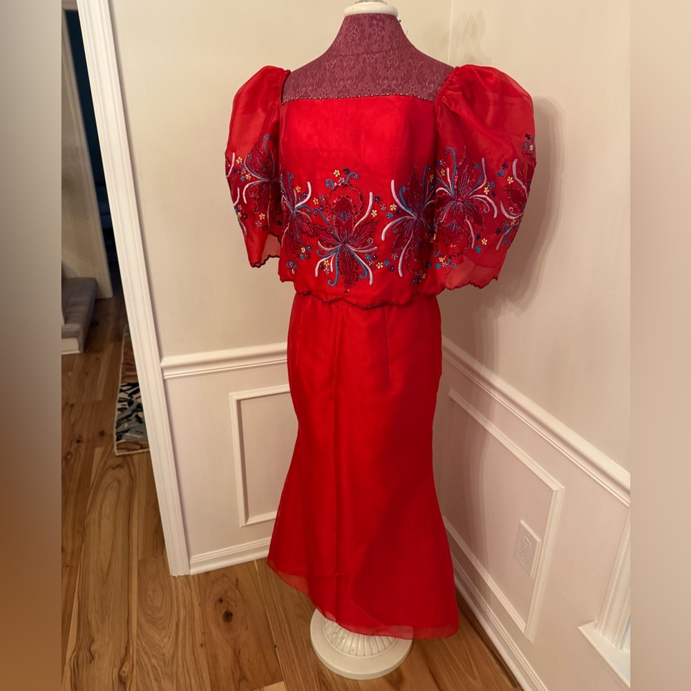 Vibrant Red Floral Filipiniana Gown